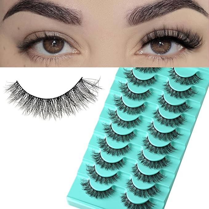 Natural Lashes Wispy Eyelashes Fluffy Mink Lashes Naturl Look Small Strip Eyelash 10 Pairs Short Lashes Pack Lightweight Cat Eye Lash Strips Set Soft Fake Eyelash (Flare Lash | 8-14mm)