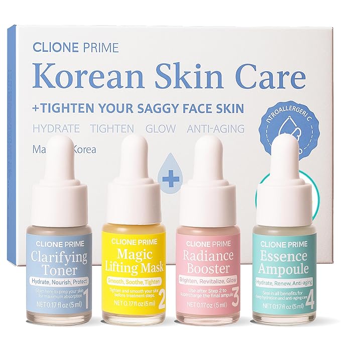 Korean Skin Care Set For Women - Gift For Women Korean Anti Aging Skin Care Products Lifting, Firmness & Hydration Essence, Mask, Booster & Ampoule Set for Radiant Smooth Looking Skin