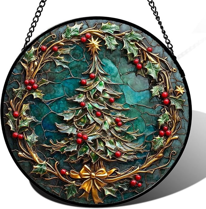Stained Glass Window Hangings - Red Gold Green Wreath Suncatcher for Door Home Christmas Tree Decoration Sun Catcher Thanksgiving New Year Birthday Gift for Women Men Mom Grandma 7.8 in