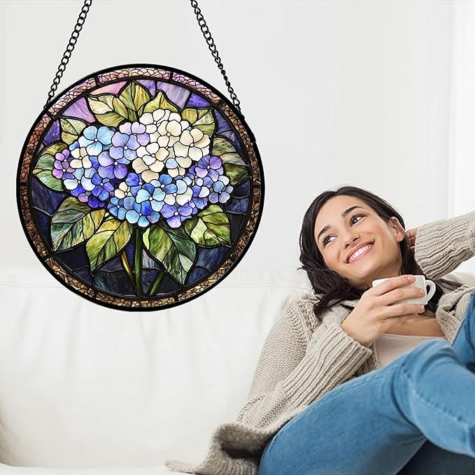 Stained Glass Window Hanging, Hydrangea Flowers Sun Catchers Diamond Glass Panel Hangings Plant Suncatcher Decor for Birthday for Women, Men, Wife, Aunt, and Mom 14.9x14.9 in