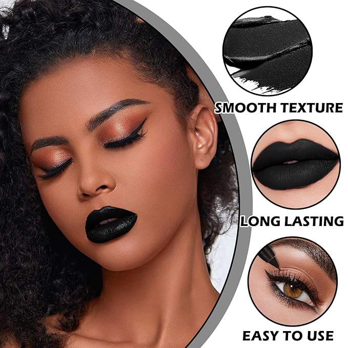 Black Matte Lipstick and Lip Liner Pencil Set Black Liquid Lipstick Lip Gloss Set Smudge Proof Long-lasting, Suitable for Halloween Goth Cosplay Makeup Lip Makeup