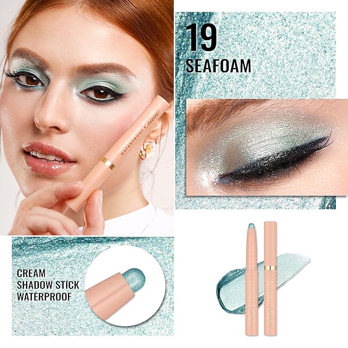 Oulac Waterproof Eye Shadow Stick Smooth and Long Lasting, Shimmering Glitter Finish, Blendable Eyes Makeup, Vegan & Cruelty-Free 1.25g, 19 Seafoam