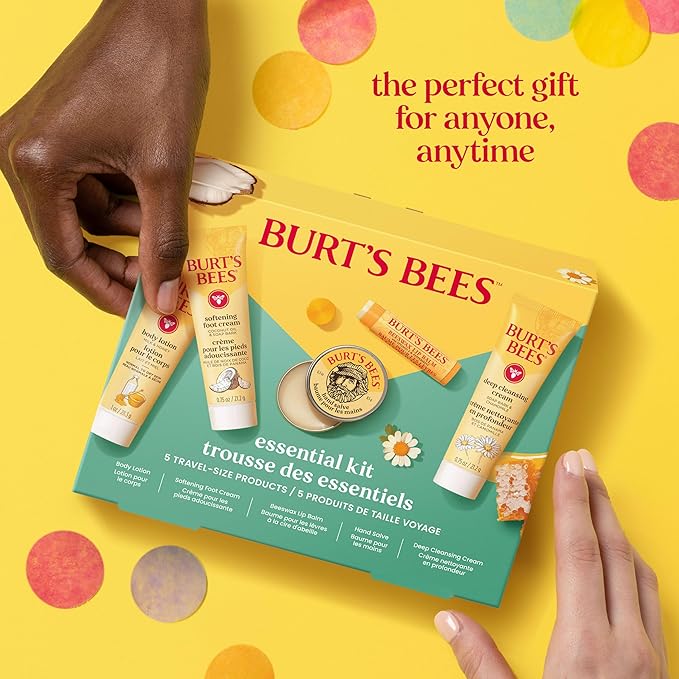 Burt's Bees Back to School Gift Ideas - Essentials Everyday Set, 5 Travel Size Products - Deep Cleansing Cream, Hand Salve, Body Lotion, Foot Cream and Original Lip Balm