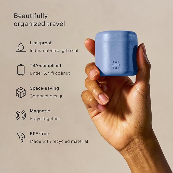 Cadence Travel Containers - Core Skincare Set - Magnetic Containers with Lids,2 Small (0.56oz) & 3 Medium (1.32oz) - Cleanser, Moisturizer, Serum, Makeup Remover & Sun Icon Labels - Pacific