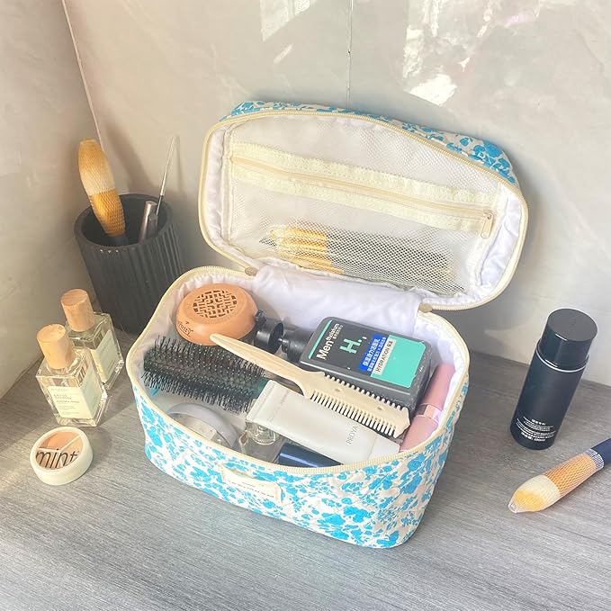 Lake Blue Large Quilted Floral Makeup Bag Cute Soft Coquette Aesthetic Cosmetic Bag Cotton Travel Toiletry Bag for Women