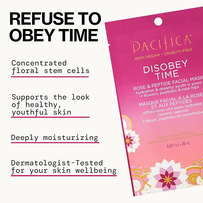 Pacifica Disobey Time Rose & Peptide Facial Sheet Mask 12-PACK Hydrating Anti-Aging Mask for Fine Lines & Dry Skin Infused w/Hyaluronic Acid & Chamomile Vegan & Cruelty-Free Dermatologist Tested