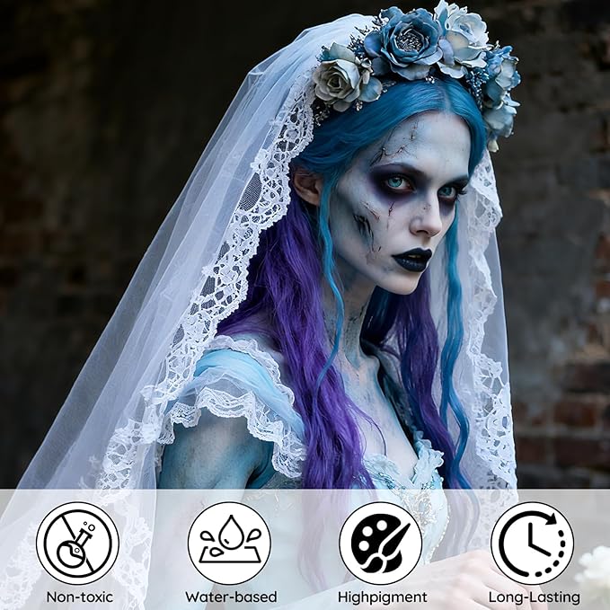 Halloween for Sally& Corpse Bride Makeup Kit, Water-Based Face Paint Set with Blue Face Paint Red Lip Gloss for Avatar Smurf Costume Cosplay, Halloween Cosplay SFX Makeup Set for Party