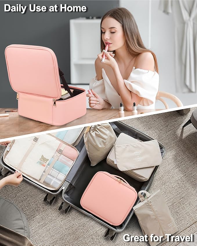 Chomeiu Makeup Bag with LED Mirror, Cute Cosmetic Bags Birthday Gifts for Girls Women, Makeup Train Case Artists Organizer Large Make Up Bags with Light Up Mirror 3 Color Lights, Pink 2