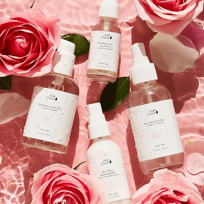 100% PURE Rose Water Hydrating Milk Face Moisturizer Natural Care Hyaluronic Acid, Squalene Replenish Suppleness Dry Dehydrated Skin - Vegan - 1.7oz