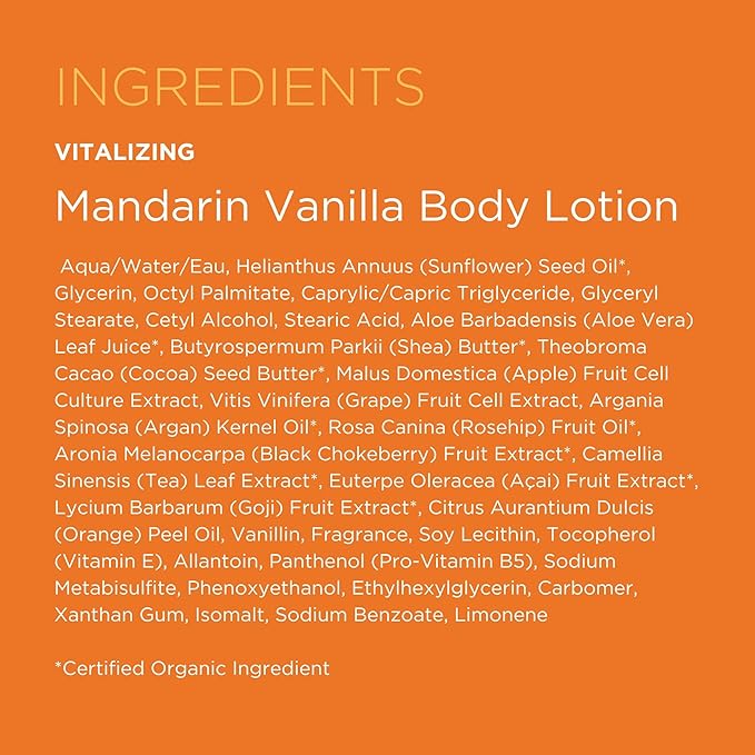 Andalou Naturals Vitalizing Body Lotion Mandarin Vanilla - Hydrating Daily Moisturizer to Nourish Dry Skin - With Shea Butter, Cocoa Butter, Rose Hip Oil, Argan Oil, & Aloe Vera - 8 fl oz