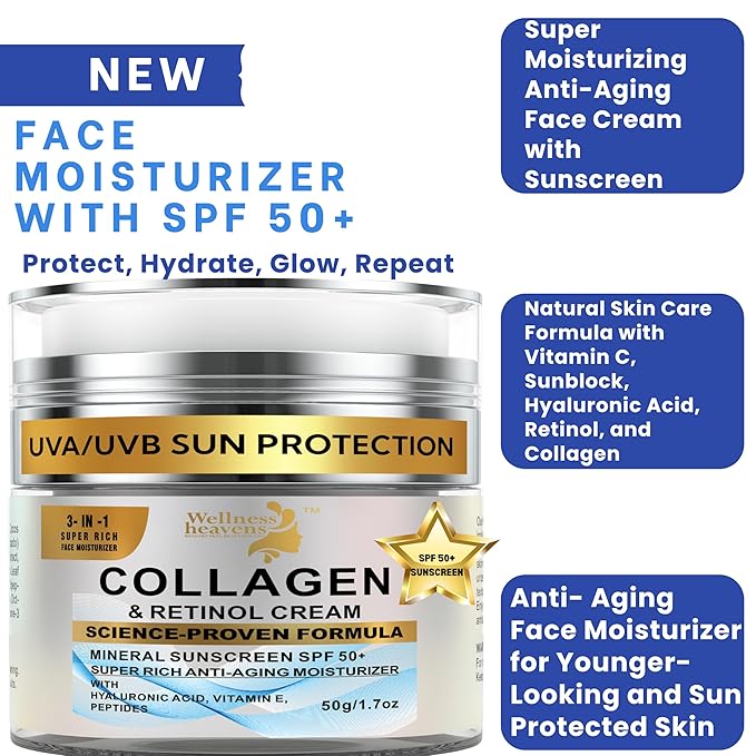 Face Moisturizer with SPF | Sunscreen for Face | Collagen, Retinol, Hyaluronic Acid Cream | Age-Defying, Lift & Firm Cream | Lotion for Women | Collagen Peptides | Anti-Aging Moisturizer | 1.7oz