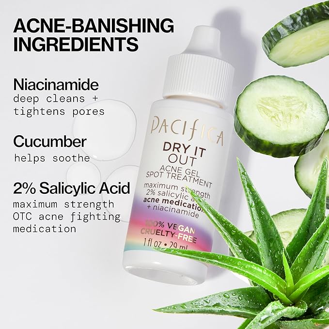 Pacifica Acne Spot Treatment & Pimple Cream – Dry It Out Gel with 2% Salicylic Acid, Witch Hazel, Niacinamide – Dries Blemishes Overnight, Fights Breakouts & Redness, For Teens & Adults, Vegan Clean