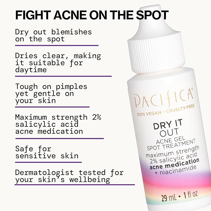 Pacifica Acne Spot Treatment & Pimple Cream – Dry It Out Gel with 2% Salicylic Acid, Witch Hazel, Niacinamide – Dries Blemishes Overnight, Fights Breakouts & Redness, For Teens & Adults, Vegan Clean
