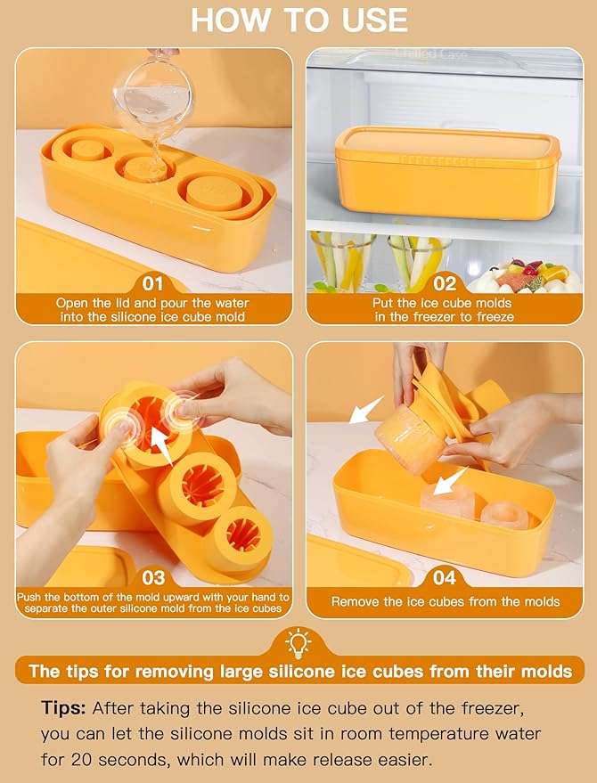 Ice Cube Tray for Tumbler Cup 30Oz-40Oz, 3 Pcs Silicone Cylinder Ice Mold with Lid and Bin for Freezer, Easy Fill and Release Ice Maker for Whiskey, Cocktail BPA-Free