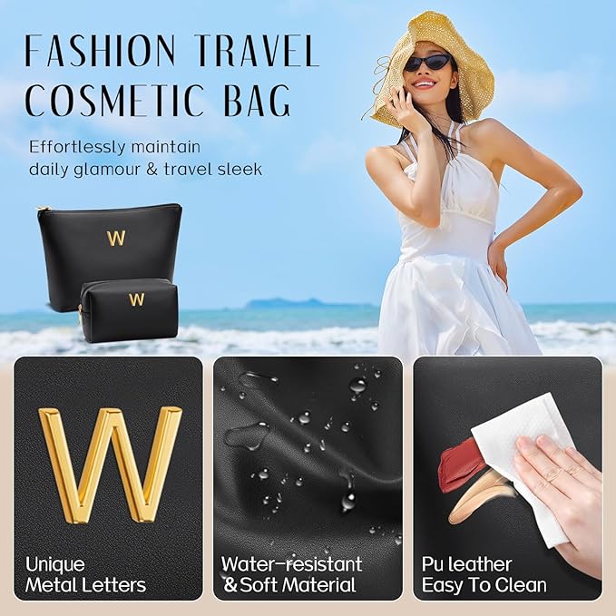 Women Gifts | Initial Makeup Bag Set for Girl Personalized Gifts for Bridesmaid Friend Graduation Teachers PU Leather Cosmetic Travel Toiletry Bag(Black,W)