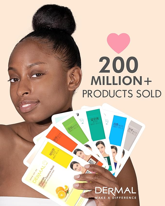 DERMAL Royal Jelly Collagen Essence Korean Facial Mask Sheet Pack of 10 - Intensive Moisture Therapy for Stress-Relief and Skin Elasticity - Hypoallergenic Skin Friendly Sheet