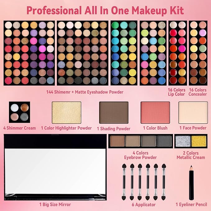 190 Colors Cosmetic Make up Palette Set Kit Combination with Eyeshadow Facial Blusher Eyebrow Powder Face Concealer Powder Eyeliner Pencil A Mirror All-in-One Makeup Gift Sets For Women