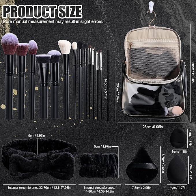 BS-MALL Makeup Brush Set with Waterproof Travel Bag & Makeup sponges -26 Pcs Set Triangle Puff & Face Washing Puffs,Face Wash Headband Wristband for Travel Go Camping Gift & Makeup Beginners (Black)