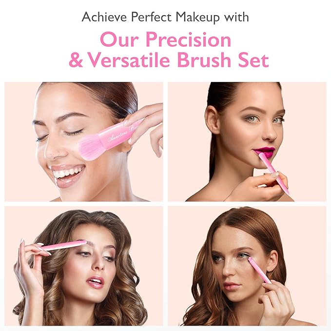 Travel Makeup Brushes Set, Easy Taken 5pcs Mini Makeup Brushes Kit with mirror, ON-THE-GO, Makeup Set for Beauty Blender, Get Glam On-the-Go! Pink