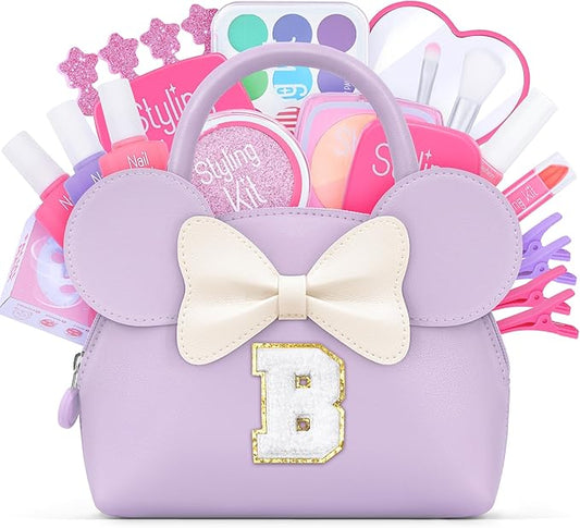 Kids Real Makeup Kit for Girls - 21Pcs Non-Toxic Make Up Toys with Initial Toddler Purse - Personalized Birthday Gifts for Age 5 6 7 8 9 10 Years Old Girls Vanity Set - Purple B