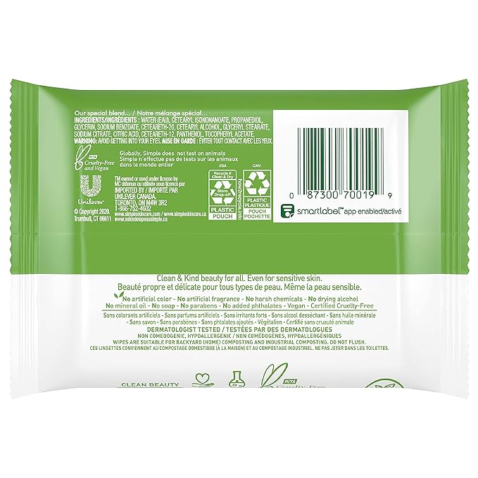 Simple Kind to Skin Facial Cleansing Wipes Cleanser & Makeup Remover Cleansing Removes Waterproof Mascara 7 Wipes (Pack of 2)