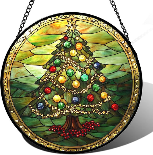 Stained Glass Window Hanging - Green Christmas Tree Gold Ribbon Suncatcher for Doors Home Christmas Decoration Sun Catcher Thanksgiving New Year Birthday Gifts for Women Men Mom Nana 9.8 in