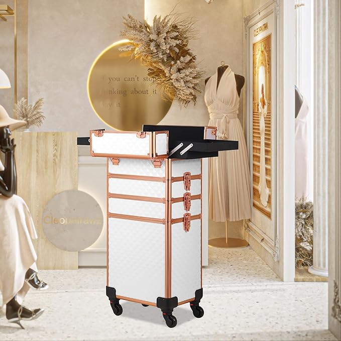 Rolling Makeup Case, Makeup Train Case with Lid, 5 in 1 Cosmetology Case on Wheels, Christmas Gift, Large Makeup Organizers, Profesional Cosmetic Case for Salon Barber, White Gold