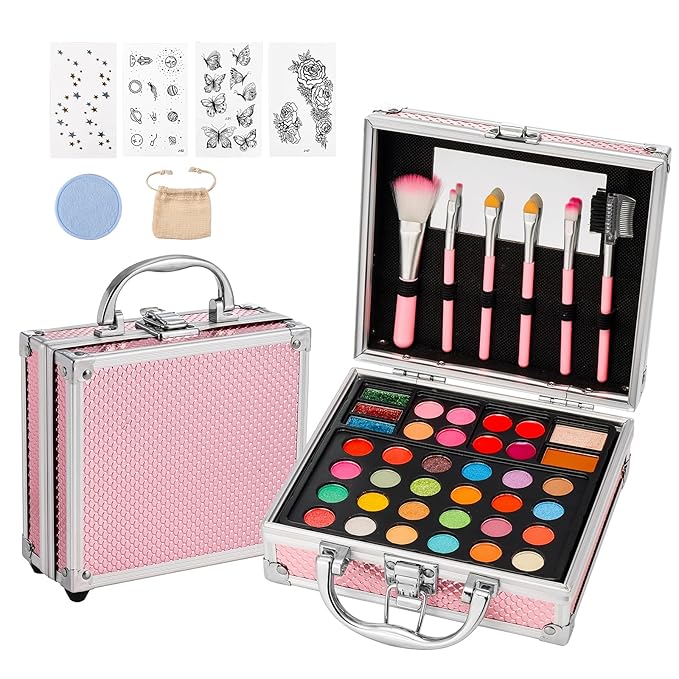 Anpro All-In-One Makeup Carry Case with Pro Teen Makeup Set, Full Starter Cosmetics Kit with Makeup Brushes, Eye Shadows Palette, Blushes, Glitter Gel, Temporary Tattoo Stickers - Blue, Style04
