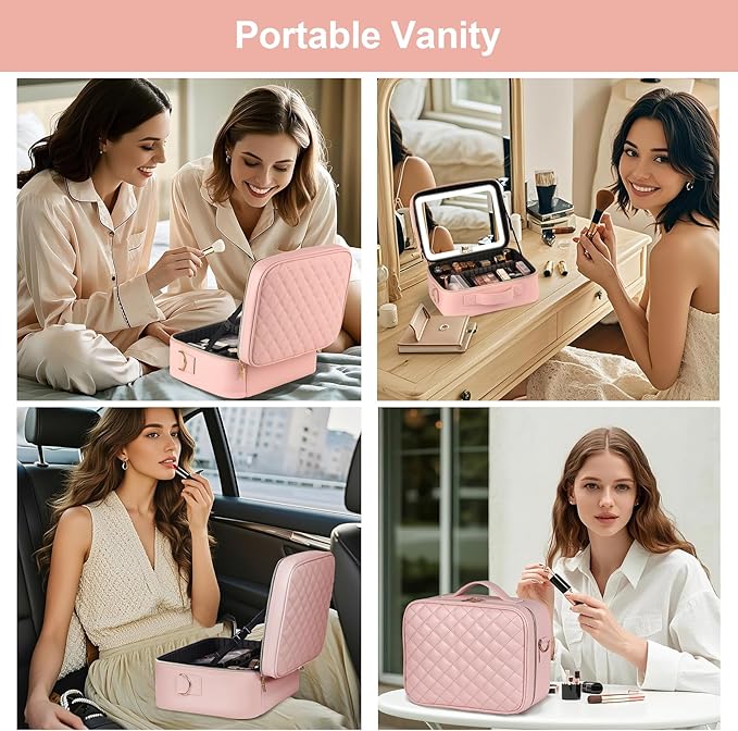 BEAUTY CASE Makeup Bag with Led Mirror, 12 Inch Portable Travel Cosmetic Organizer Case with Adjustable Dividers, USB Charging, Large Capacity, Ideal for Travel, Gift for Women Girls, Pink