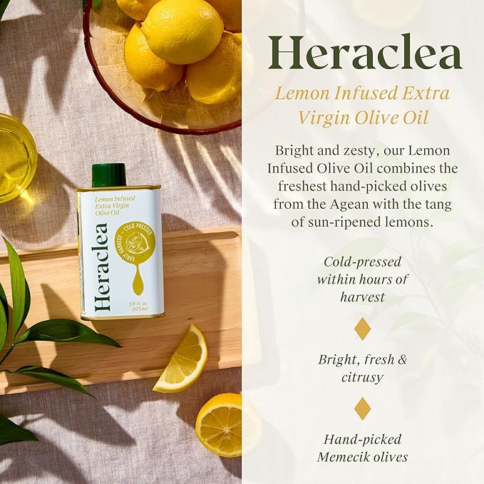 Heraclea - Lemon Infused - Extra Virgin Olive Oil - Organic Olive Oil - Extra Virgin - Cold Pressed - Polyphenol Rich EVOO - 5.9oz Bottle