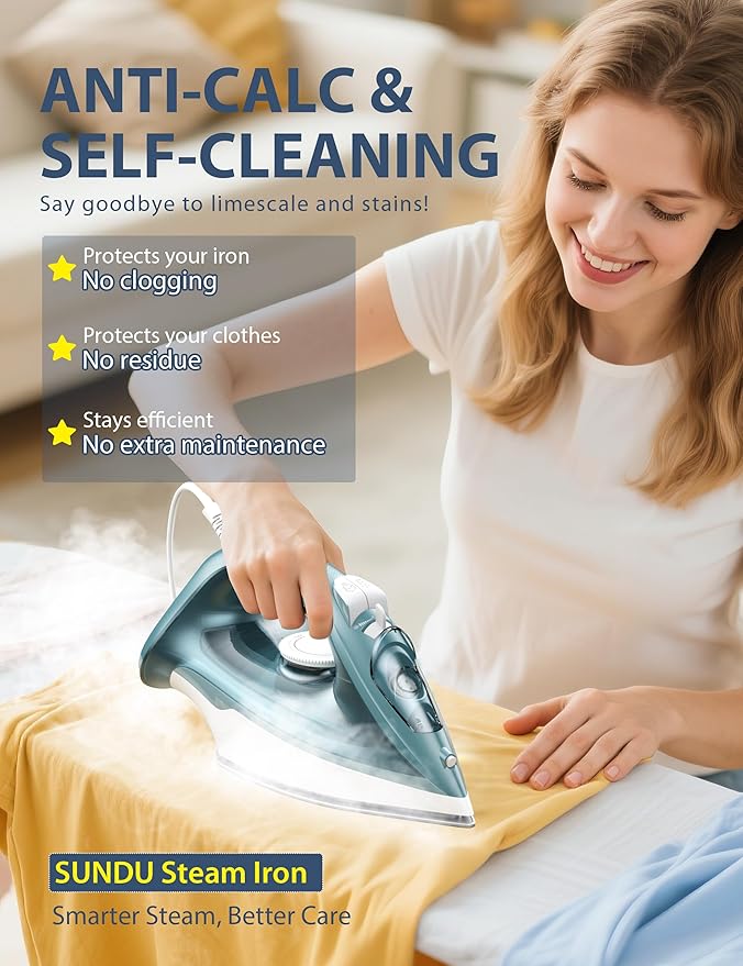 Sundu Steam Iron for Clothes with Rapid Heating Ceramic Coated Soleplate, 1500W with Precise Thermostat Dial, Self-Cleaning, Auto-Off, 15.21oz Water Tank for Home Clothes Ironing Use, green