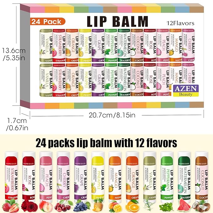 AZEN 24 Pack Lip Balm, Natural Lip Balm Bulk, Lip Care Product, Moisturizing Lip Balms for dry cracked lips - 12 Flavors