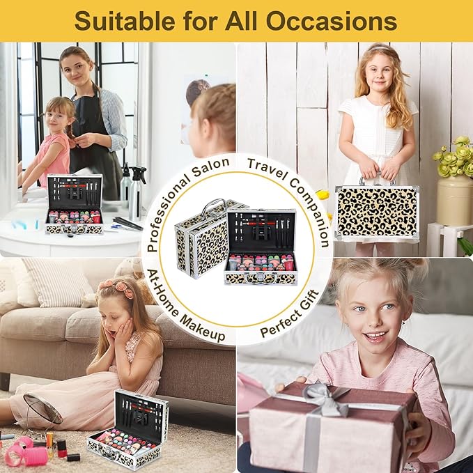 Anpro All-In-One Makeup Kit with Carry Case, Pro Teen Makeup Set, Full Starter Cosmetics Kit with Makeup Brushes, Lipsticks, Eye Shadows Palette, Blushes, Glitter Gel-Yellow Leopard