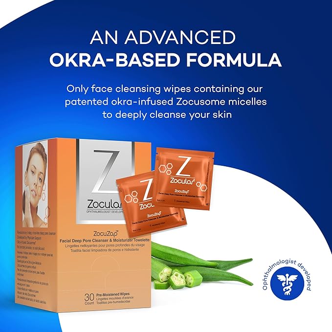 ZocuZap Acne Face Wipes - Moisturizing Face Cleansing Wipes for Acne, Makeup Removal, and Exfoliation with Natural Okra Complex for Sensitive, Rosacea Skin - 15/ct