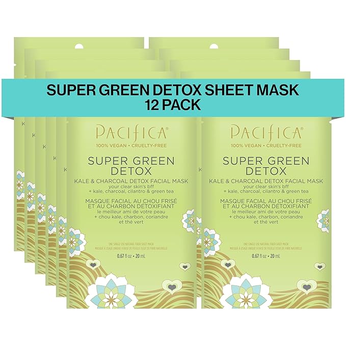 Pacifica Super Green Detox Sheet Mask – 12-PACK Charcoal, Kale & Clay Pore Cleansing Mask for Oily, Blemish-Prone Skin, Deep Detox Facial Mask, Vegan