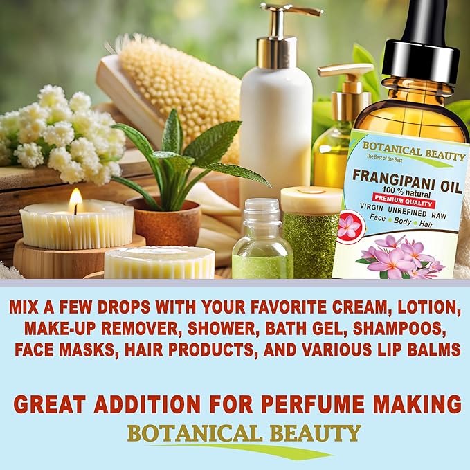 Botanical Beauty Frangipani Oil 100% Natural 0.5 Fl oz - 15 ml Frangipani Essential Oil for FACE, Skin, Body, Hair, Nails Beauty Oil, Skin Moisturizer Oil, Nourishing Oil, Perfume, Soap Making