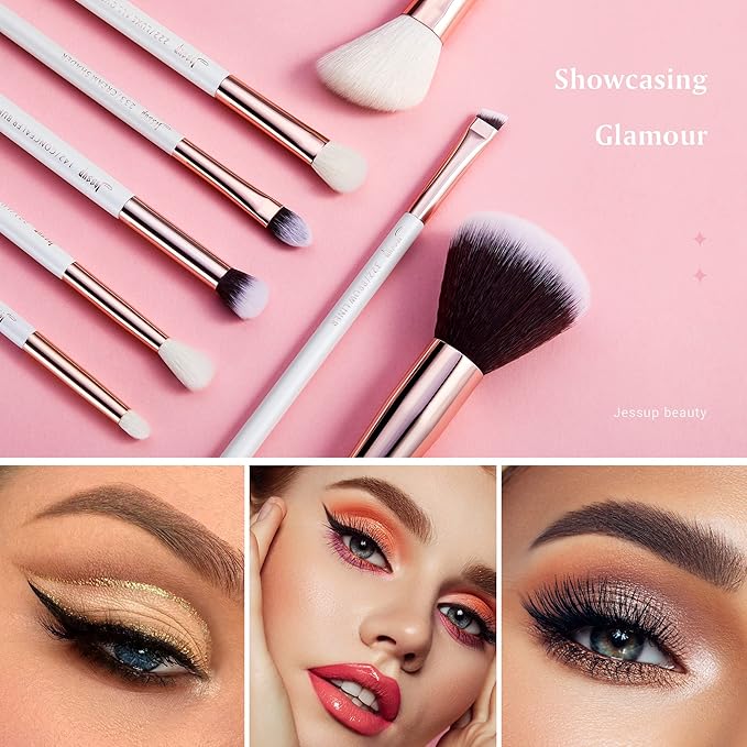 Jessup Brand 25pcs Professional Makeup Brush set Beauty Cosmetic Foundation Power Blushes eyelashes Lipstick Natural-Synthetic Hair Brushes set (Pearl White/Rose Gold)