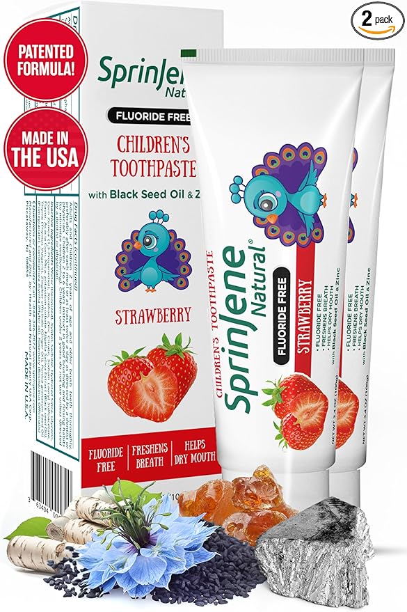 SprinJene Natural Children’s Toothpaste – Fluoride Free Strawberry Toothpaste for Toddlers & Kids – Gentle Safe Natural Formula with Patented Black Seed Oil & Zinc – Made in The USA (2 Pack)