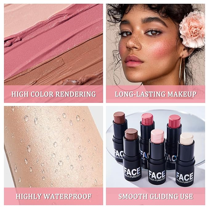 6PCS Face Contour Stick Makeup Kit,Shades with Highlighter Makeup,Blush for Cheeks and Bronzing Stick,Perfect to Sculpt the Face,Waterproof Lightweight Contour Kit with Make Up Sponges