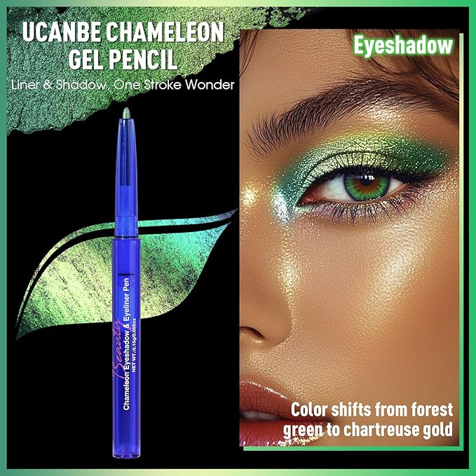 UCANBE Chameleon Eyeshadow & Eyeliner Gel Pencil-Multichrome Shifting Colors Metallic Glitter Eye Makeup,Waterproof Long-Lasting Smudge-Proof Multi-Dimensional Color (Forest Green to Chartreuse Gold)