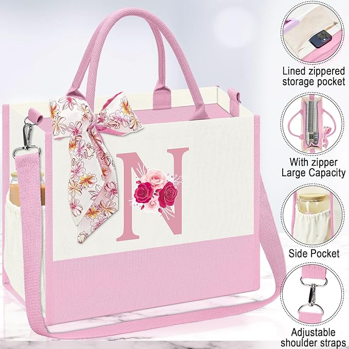 Monogrammed Gifts for Women,Personalized Gifts for Women,Initial Canvas Tote Bag,16oz Initial Glass Cup,Initial Makeup Bag,Initial Jewelry Organizer Box,Birthday Gifts for Aunt Niece-N