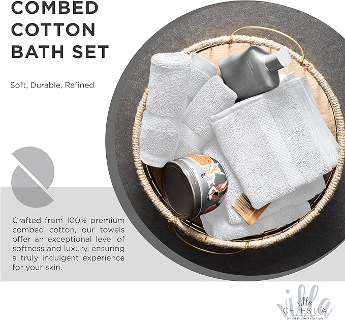 100% Combed Cotton Bathroom Towel Set of 3- 1 Bath Towel, 1 Hand Towel, 1 Wash Cloth, Sustainable, Soft, Highly Absorbent 3 Piece Cotton Bath Towel Set Ideal for Hotels, Spa, Bathroom, Dorm, White