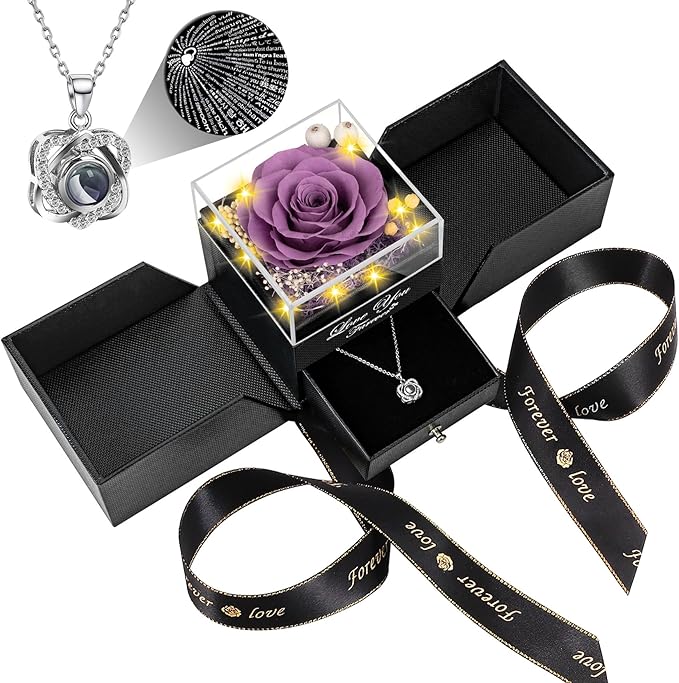 Preserved Lavender Purple Real Rose with Heart I Love You Necklace -Eternal Flowers Rose Birthday Gifts for Women Her Mom Wife Girlfriend Grandma on Valentines Mothers Day Christmas Anniversary