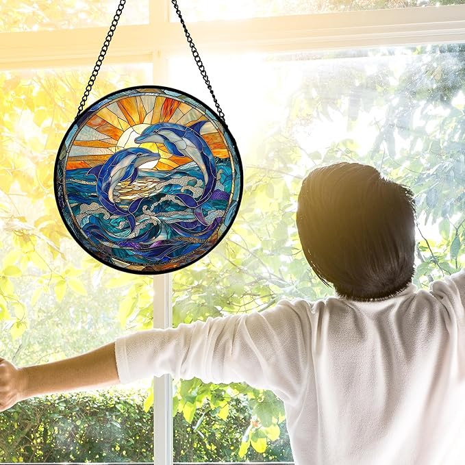 Stained Glass Window Hanging, Blue Dolphin Sun Catchers Colorful Glass Panel Sunrise Sea View Suncatcher Decor for Birthday for Women, Men, Wife, Aunt, and Mom 11.8x11.8 in