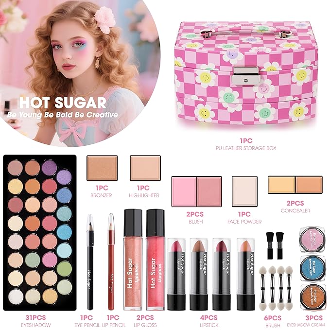 Hot Sugar Girls Makeup Kit for Birthday Gift, Christmas Makeup Set for Teens 10 12 13 16 Includes Real Cosmetics and Makeup Tools (Floral)