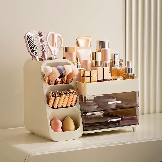 HBlife Makeup Organizer with Brush Holder for Vanity, Large Plastic Bathroom Countertop Organizer Skin Care Storage, Easy to Store Lipsticks, Nail Polishes, Perfumes, Eyeshadow Palettes, Beige