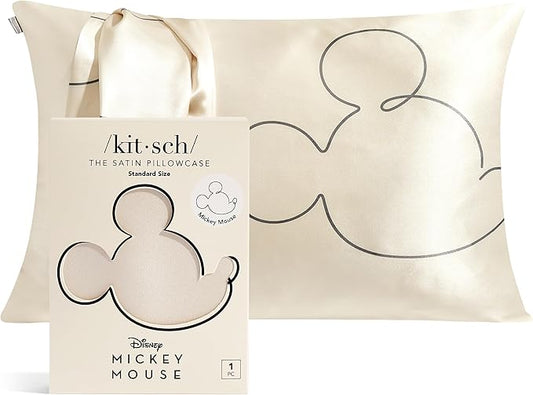 Kitsch & Disney Mickey Mouse Satin Pillowcase with Zipper Softer Than Silk, Cooling Pillow Case for Hair & Skin, Wrinkle-Free, Washable, Queen/Standard (19x26)