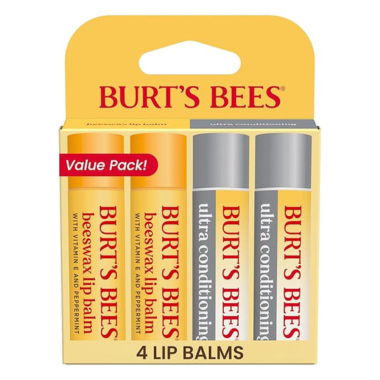 Burt's Bees Stocking Stuffers, Lip Balm Beeswax and Ultra Conditioning Lip Balm Pack, Hydrating Lip Moisturizer with Kokum and Shea Butter, Natural Origin Lip Care, 4 Tubes, 0.15oz.