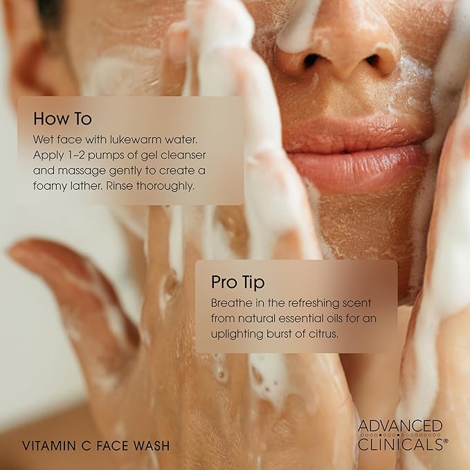 Advanced Clinicals Gentle Vitamin C Face Wash For Women & Men | Citrus Scented Gel Facial Cleanser Soap | Aloe Vera + Ferulic Acid Hydrating Foaming Wash For Cleansing Dirt & Oil, Large 11.75 Fl Oz