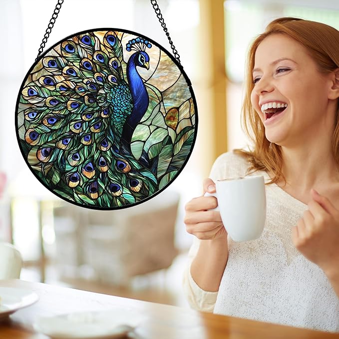 Stained Glass Window Hanging, Blue Green Peacock Decor Suncatcher for Door Garden Home Decoration Bird Sun Catchers Christmas Mother's Day Birthday Gifts for Women Men Mom Nana Friend 7.8 in